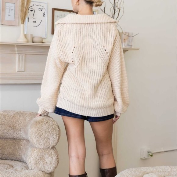 Knit Collar V-Neck Long Sleeve Sweater Cream - Picture 5 of 6